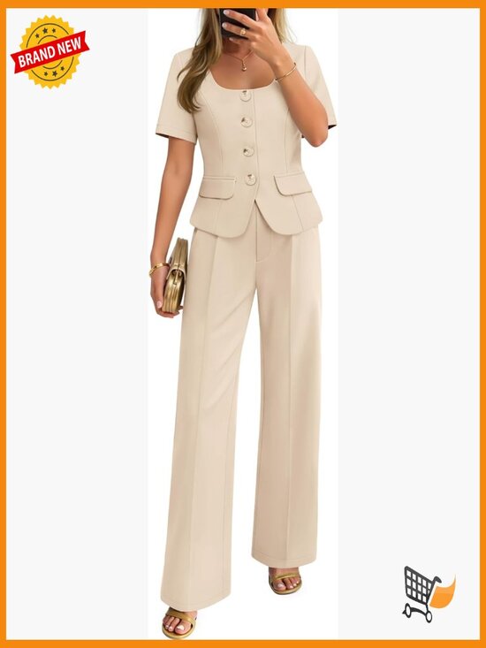 Pants - Women's 2-Piece Blazer & Wide Leg Pants Set Business Casual